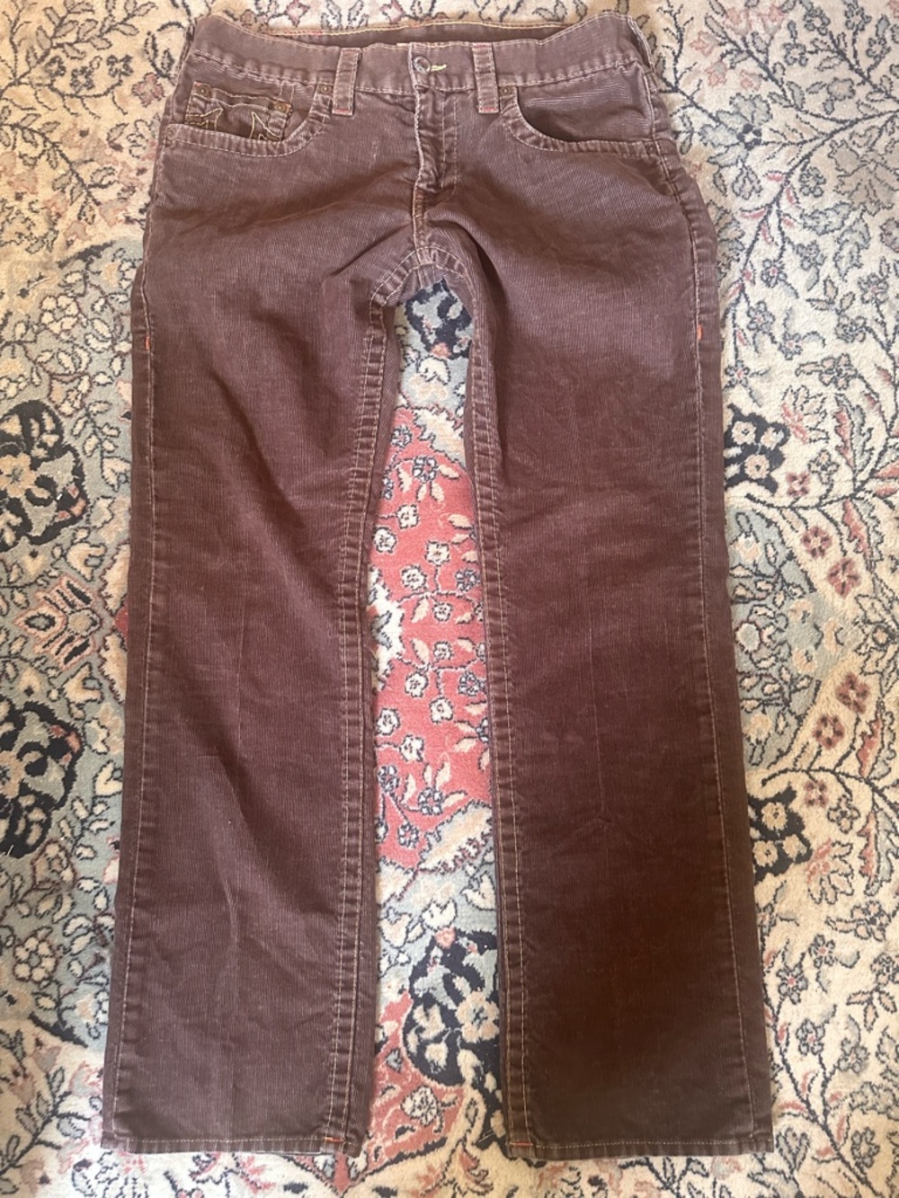 True Religion Men’s Corduroy Jeans – Dark Brown with Yellow Stitching